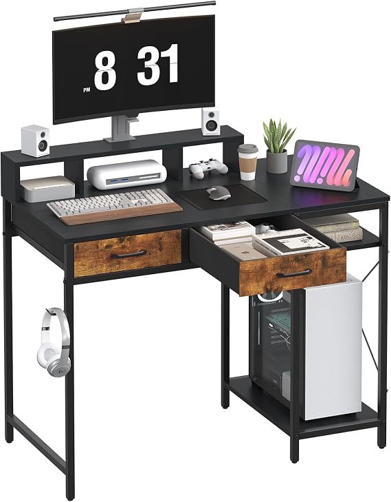 Computer Desk with Drawers, Gaming Desk with Fixed Monitor Stand, PC Desk with Headphone Hook & Storage Shelves, Home Office Desk for Small Spaces, Bedroom Study Table, 100cm, Black