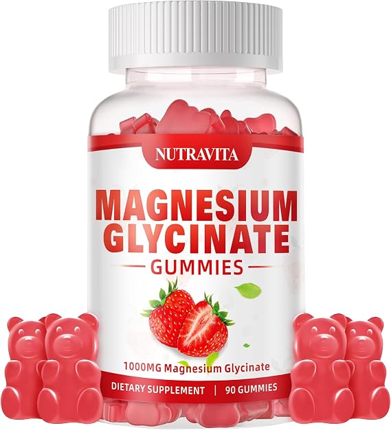 Magnesium Glycinate Gummies 1000mg with Magnesium L-Threonate,Chelated Magnesium Potassium Complex Supplement with VitD, B6, CoQ10, Calcium,Supports for Memory, Calm, Mood - 90 Gummies Strawberry.
