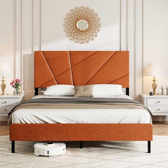 Queen Size Bed Frame with Square Platform Design and Under-Bed Storage, Vintage Brown Metal Bed Frame,No Noise,No Box Spring Mattress Required (Antique Brown, Queen)