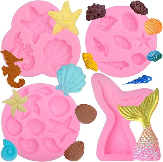 Mermaid Tail Chocolate Silicone Molds 4 Pcs, Conch Seahorse Starfish Seashell Candy Fondant Mold for Cake Decoration Sugar Cupcake Topper Marine Themed Birthday Party Polymer Clay Crafts Fishtail Mold