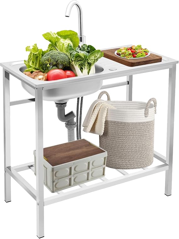 Kitchen Sink Unit, Commercial Sink with Storage Shelf, Stainless Steel Utility Sinks for Outdoor Camping Restaurant