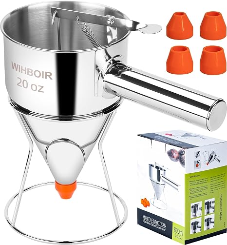 20oz Stainless Steel Pancake Batter Dispenser Multi-Nozzle, Funnel Tool