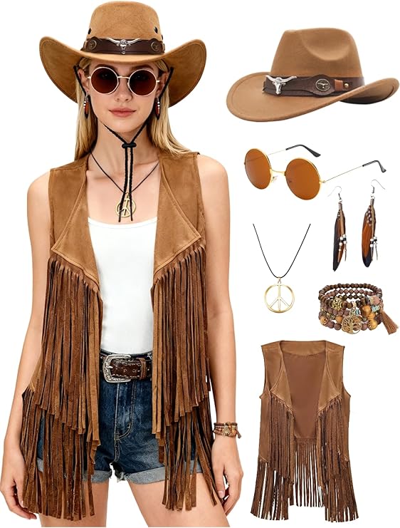 Verceco Cowgirl Outfits for Women Western Retro Cow Girls Costume Country Fringe Vest and Cowboy Hat 6 PC 70s Hippie Outfit