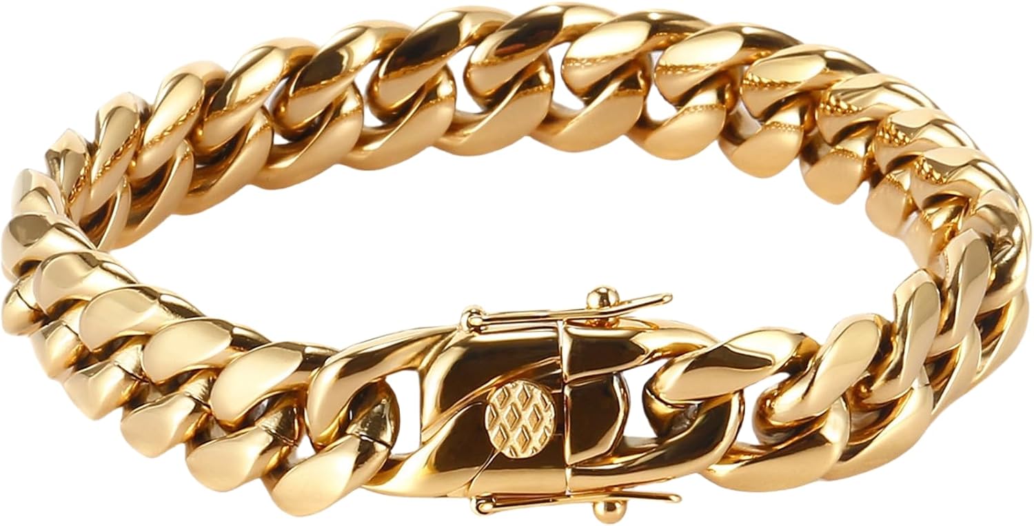 18K Gold Solid Cuban Bracelet for Men and Women Hip Hop Cuban Bracelet Best Gift for BirthdayValentines DayChristmas, Mesh Bracelet, Gift Box Packaging