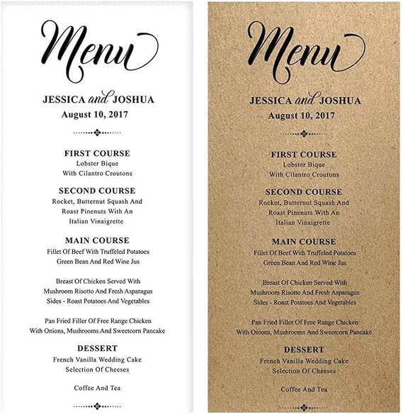 Darling Souvenir 20 Personalized Wedding Menu Cards (9x4 Inches) Custom Rustic Dinner Menu Prints - White
