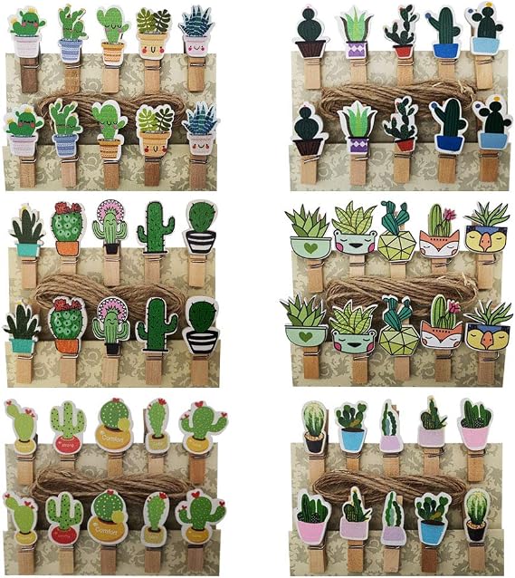SaktopDeco 60 Counts Mini Cactus Wooden Clothespins with Jute Twine Small Floral Decorative Wood Peg Pin Craft Clips for Pictures Memo Card Photo