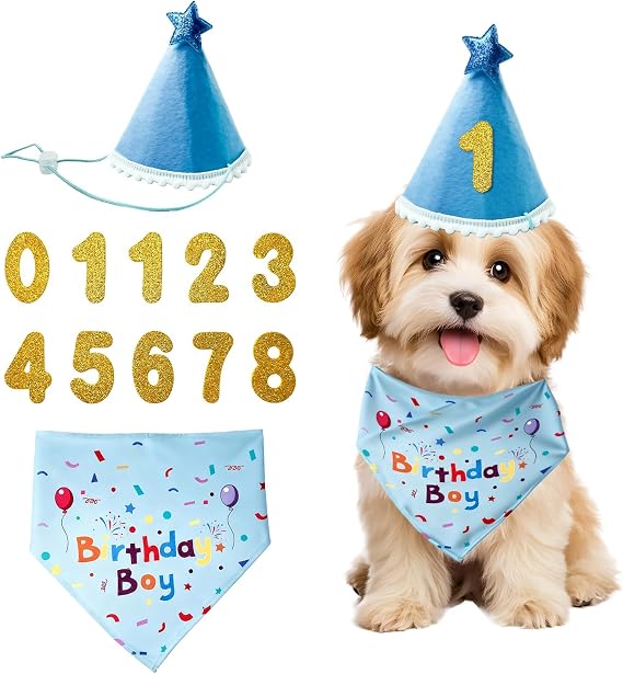 Dog Birthday Hat Bandana Set, Dog Birthday Party Supplies Dogs Clothing Accessories Adjustable Birthday Hat and Glitter Numbers Reusable Scarf Cap Present for Pet Cat Dog Party Decor (Blue)