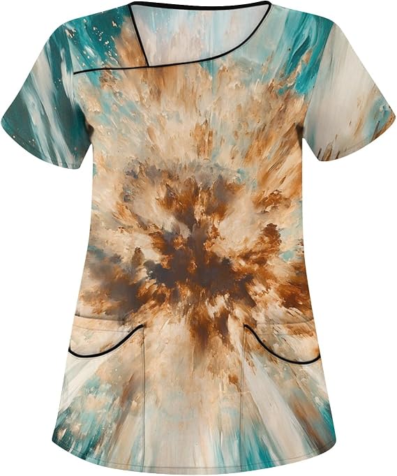 Scrubs for Women Plus Size Stretchy Scrub Tops Asymmetric Neck Short Sleeve Floral Nursing Uniforms with Pocket