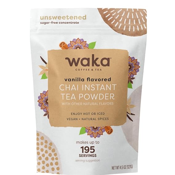 Waka Vanilla Chai Tea Mix Concentrate, Unsweetened, Sugar-Free, 4.5 oz | 100% Indian Tea Powder With Natural Vanilla and Real Spices, Unsweetened, Makes up to 195 Drinks