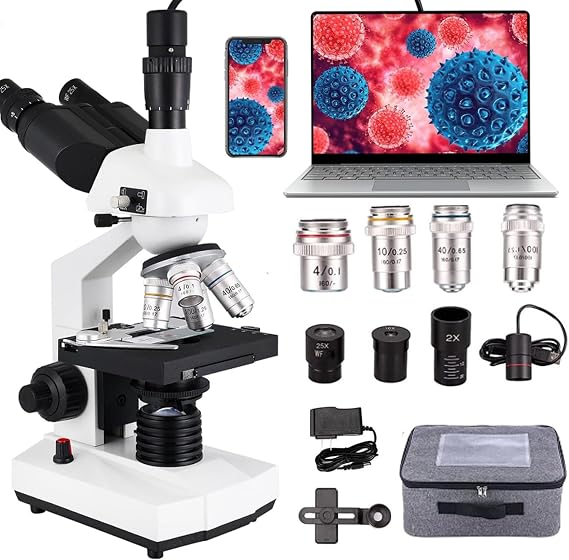 Compound Trinocular Microscope, 40x-5000x Magnification, Digital Laboratory Trinocular Compound Led Microscope with 5 Million Pixel E-Eyepiece/Double Mechanical Stage/360 Rotating,White