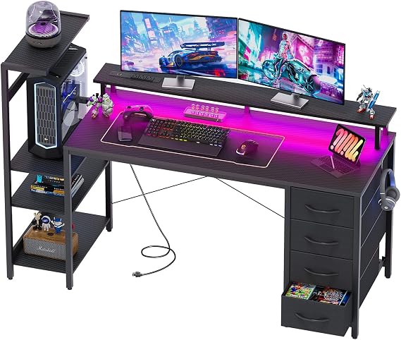 59in Gaming Computer Desk with Drawers & Power Outlet & LED Lights, Black | Gaming Table, Escritorio Gamer, Reversible, Storage Shelves, Home Office Desk, Monitor Stand, Carbon Fiber, for Small Space