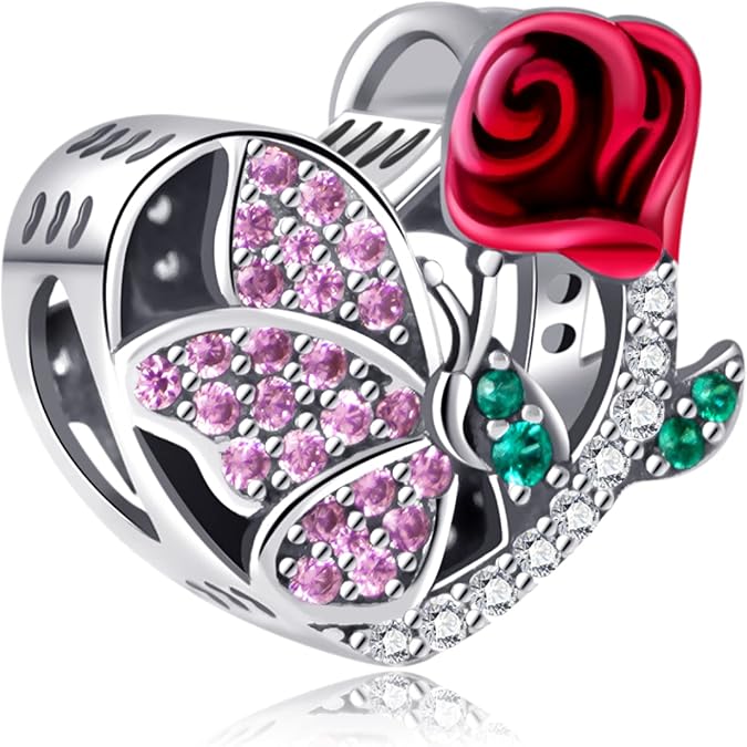 NINGAN Birth Flower Birthstone Charm for Charms Bracelets Women Birthday Jewelry Gifts Purple Butterfly Love Heart Bead 925 Sterling Silver Pendant with Cubic Zirconia