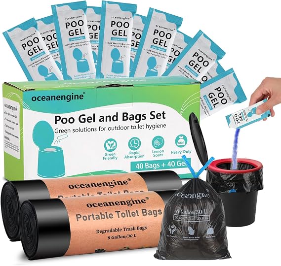 oceanengine Portable Toilet Bags Poo Gel Set, 8 Gallon Camping Toilet Bags with Portable Toilet Absorbent Gel, Compostable Portable Potty Bags for Camping Outdoor Hiking