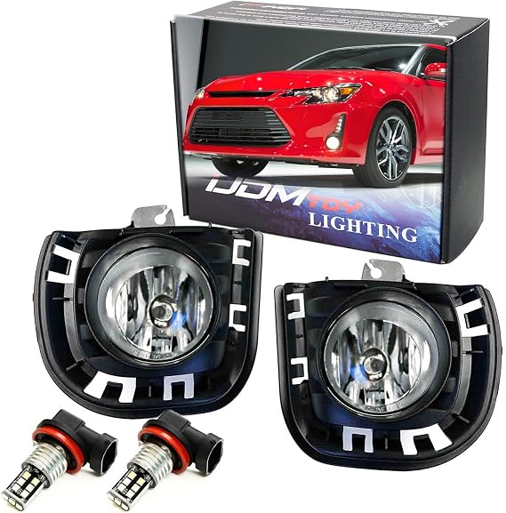 iJDMTOY Complete Set Fog Lights Foglamps w/Xenon White H11 15-SMD LED Bulbs, Garnish Covers, Wiring On/Off Switch Compatible With 2014-2016 Scion tC