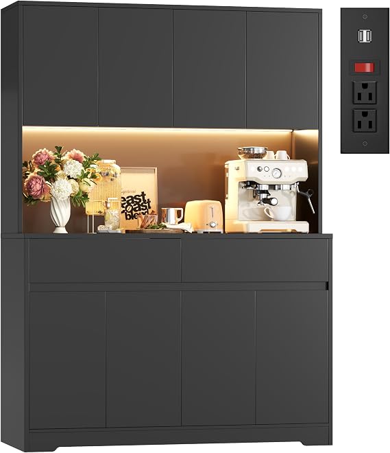 FINETONES 71" Tall Pantry Cabinet with LED Lights and Charging Station