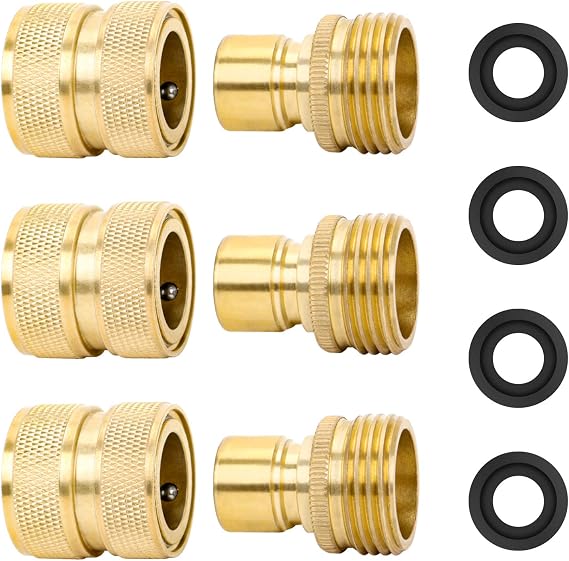 Brass Full Flow Garden Hose Quick Release Connect Adaptor Fitting, Full Port Solid Brass Outdoor Water Hose Quick Disconnect Connector Coupler with Male and Female, with 4 Hose Washers - 3 Sets