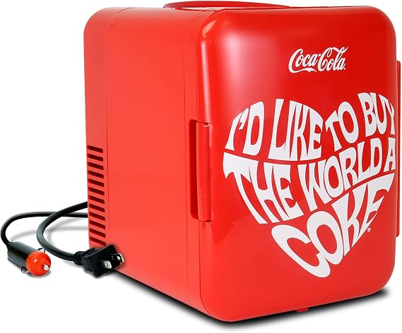 Coca-Cola World 1971 Series Mini Fridge, 6-Can Portable AC/DC Thermoelectric Cooler & Warmer, 4L Compact Dorm Fridge for Skincare, Cosmetics, Snacks, Beverages, Car, Boat, RV, Office Desk