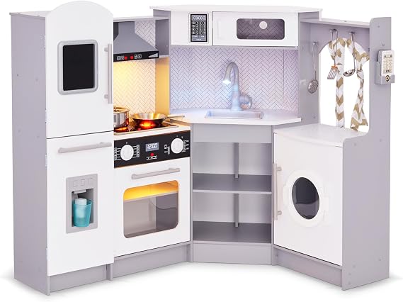 Lil' Jumbl Kids Corner Kitchen Set, Pretend Wooden Deluxe Play Kitchen, Battery Operated Icemaker, Stovetop & Faucet with Realistic Sound - Grey