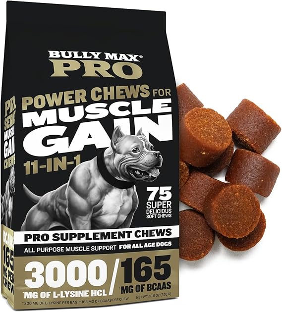 Bully Max 11-in-1 Dog Muscle Builder Power Chews - High Protein Muscle Gain Supplement with Amino Acids - Vet-Recommended for Puppy & Adult Canines, All Breeds & Ages - Made in USA - 75 Soft Chews
