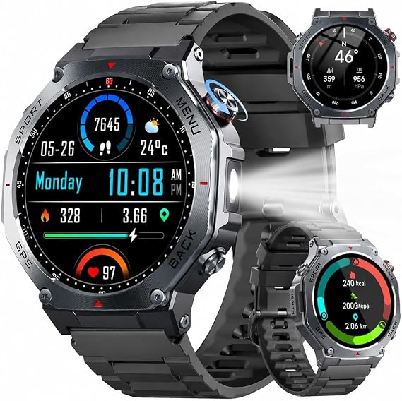 Jugeman Military Smart Watch for Men Built-in GPS with LED Flashlight-Black