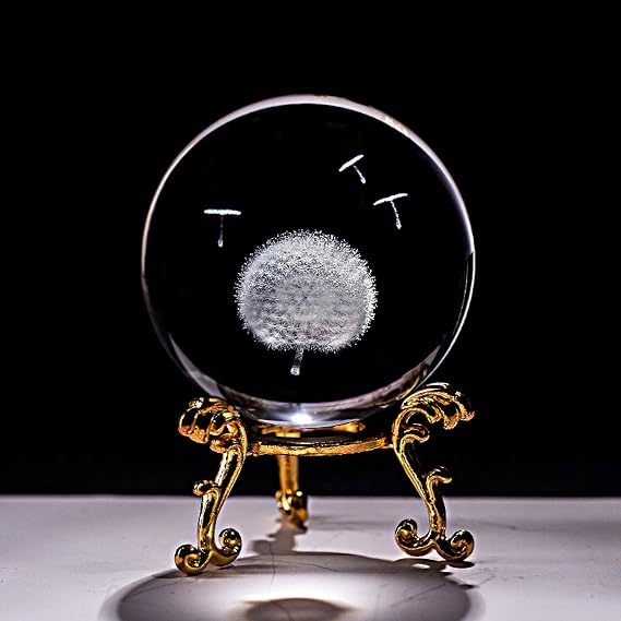 Crystal 3D Ball Laser Engraved Dandelion Micro Glass Globe Sphere Home Decor Decoration Craft Gift Figuras De Cristal,with Golden Base,60mm