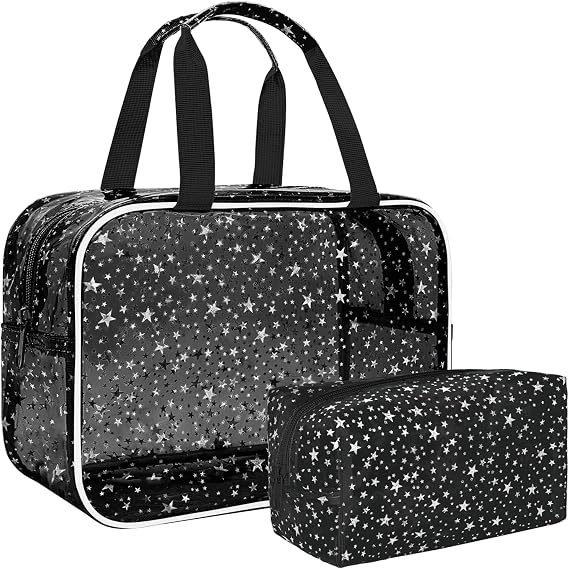 2PCS Clear Star Print Waterproof Makeup Bag, Lagre PVC Cosmetic Pouch with Zipper, Travel Toiletry Organizer for Women, Small Personal Item for Travel, Business Trip, Gym & Daily Use (Black)