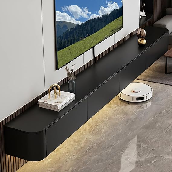 Floating TV Stand Cabinet Wall Mounted Entertainment Center Media TV Console Storage Shelf with Flip-Down Doors & Drawers for Living Room Bedroom Office(70in,Black)