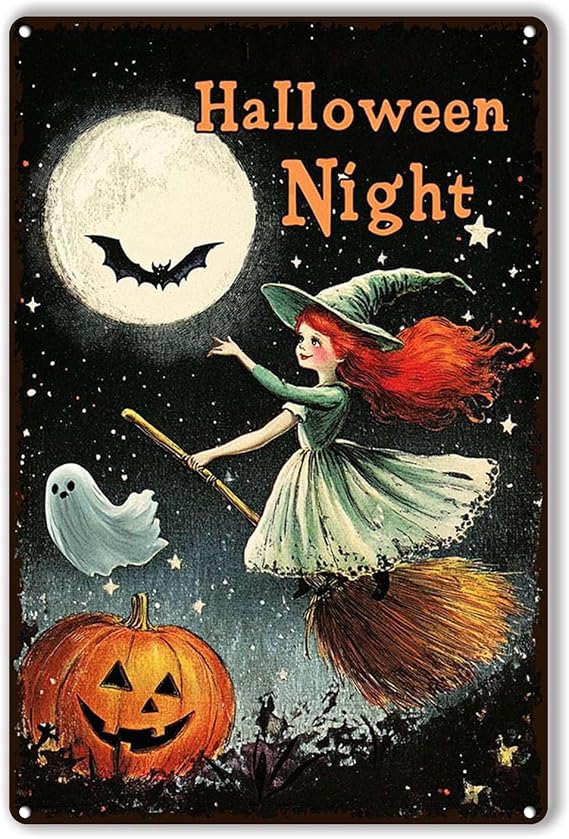Tin Metal Sign Halloween Night Red haired witch flying on a broom for Outdoor, Indoor, Office, Business, Bathroom, Bar Man Cave Signs Decor 8"x12"