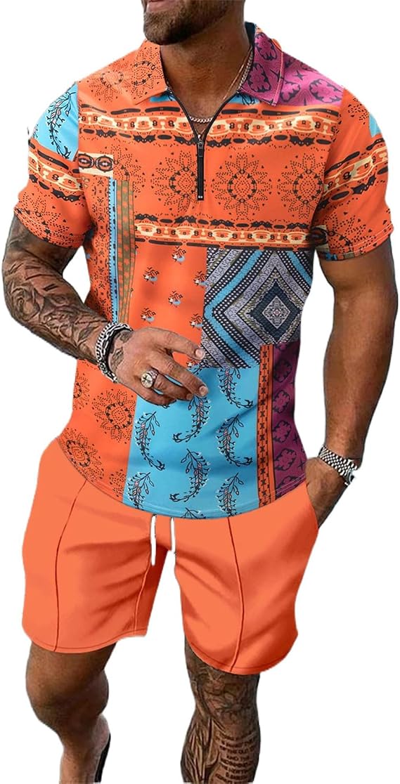 Men's Summer 2-Piece Set: Printed Sports Lapel Short-Sleeve Zipper Shirt + Shorts