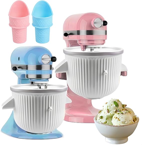 Ice Cream Maker Attachment for Kitchen Aid Stand Mixer, 2 Quart, Ice Cream & Sorbet Gelato Maker Machine, Fits 4.5Qt and Larger Stand Mixers, with 2 Ice Cream Holder
