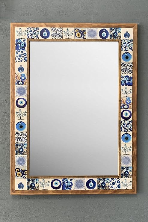 Oscar Stone Decor Masif Çerçeveli Mozaik Taş Ayna 53 Cm X 73 Cm Nazar Boncuklu Mavi Büyük Ayna Ayn5070-087