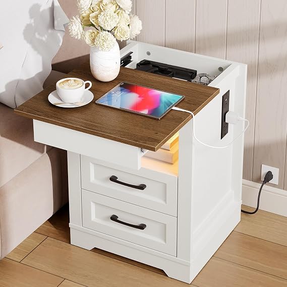 RALGEND Farmhouse Nightstand with Gun Drawer, Bedside Table with Charging Station and LED Light, Night Stand with 3 Drawers, End Table for Bedroom, Living Room, White and Walnut