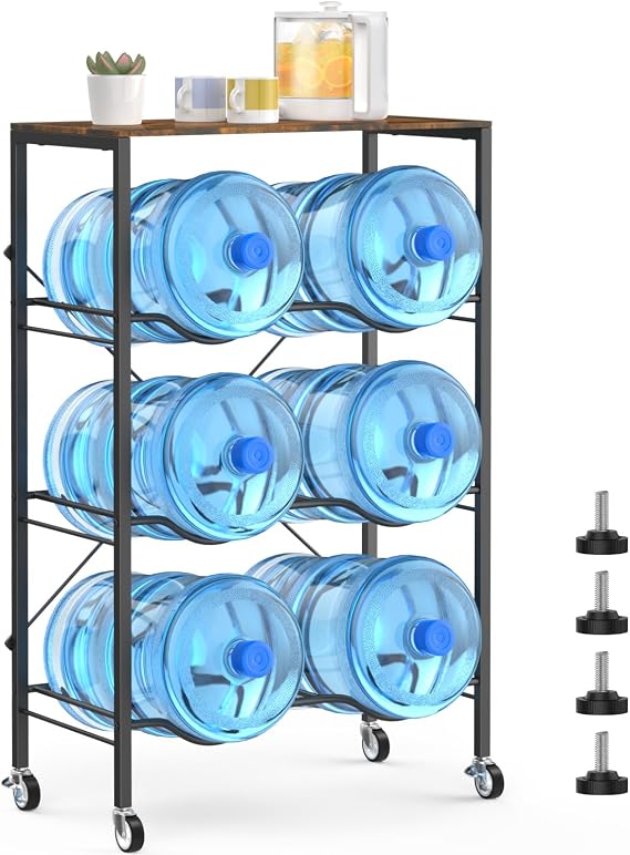 Housolution 3 Tier 5 Gallon Water Jug Holder 6-Tray Water Jug Rack with Top Shelf and 4 Wheels Heavy Duty Movable Water Jug Stand,5 Gallon Water Bottle Holder for Kitchen Office Living Room,Brown