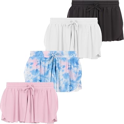 Girls 4 Pack Butterfly Shorts Lightweight Flowing Athletic Shorts with Elastic Waist Drawstring Sizes 4-16