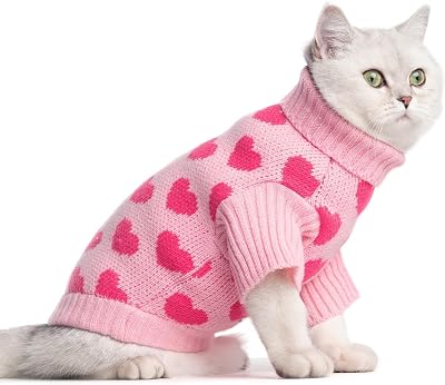 KOOLTAIL Cat Sweater - Outfit with Heart Love Pattern Cold Weather Soft Warm Knit Turtleneck Clothes for Cats Kitten Small Dogs Puppy Pink S