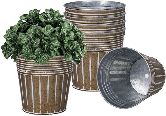 5 Inch Galvanized Bucket Planters, 6 Pack Metal Flower Pots with Drain Hole