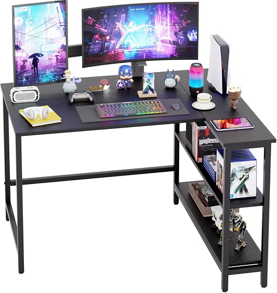 PayLessHere 43 Inch L-Shaped Computer Desk,Gaming Desk with Durable Metal Frame,Corner Desk with Reversible Storage Shelves for Home Office Gaming Study,Black (43 inch)