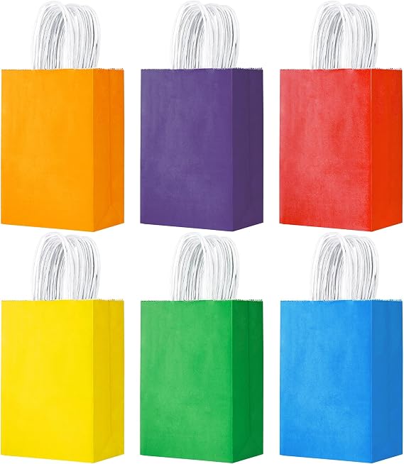 YEEHAW 24 Pack Small Gift Bags 5.8"3.2"8.25" Kraft Paper Bags with Handles, Party Favor Bags Bulk for Kids Birthday, Baby Shower, Crafts, Wedding, Party (6 Colors)