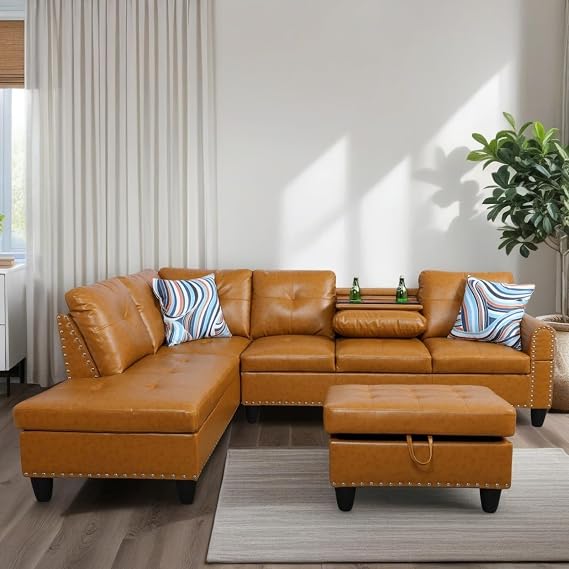 L Shaped Couches for Living Room, Leather Sectional Couch Living Room Furniture with Storage Ottoman, Modular Sectional Sofa with Movable Chaise for Apartment Office, Ginger