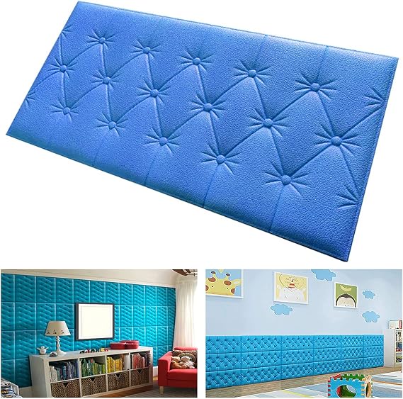 3D Self Adhesive Foam Wall Panels, 23.6"x11.8" Leather Cladded Decor Anti-Collision Soft Cushion Wallpaper for Wall Covering Kids Room Bed Headboards Safety, Blue