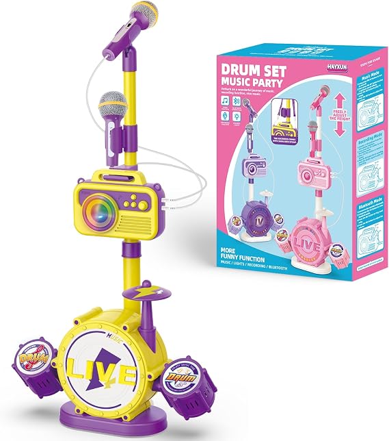 Kids Karaoke Microphone with Adjustable Stand Bluetooth Kids Karaoke Machine with Lights, Voice Changer, Recording Microphones for Singing, Christmas & Birthday Gifts for Girls-Yellow