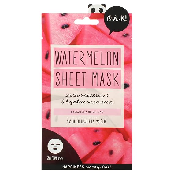 Oh K! Sheet Mask - Watermelon - Moisturizing Face Mask - Hydrating Face Sheets - Enriched with Hyaluronic Acid, Vitamin C - Korean Skincare - 1 Pc