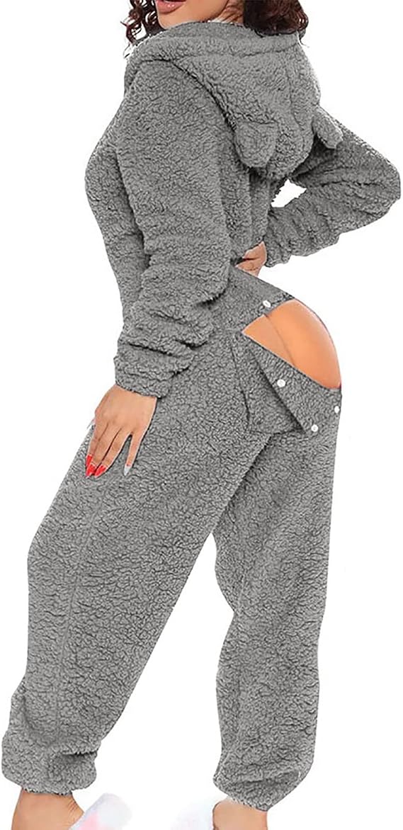 Butt Flap Fuzzy Onesie Pajamas for Women Fluffy Fleece One Piece Sleepwear with Hood Womens Jumpsuit Pjs