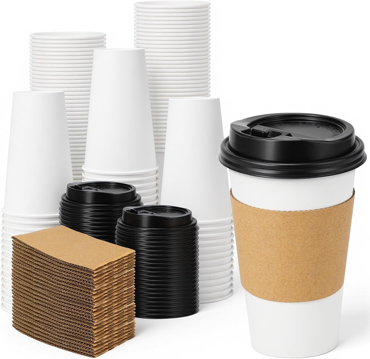 Lamosi 100 Pack 16 oz Disposable Coffee Cups with Lids and Sleeves, White Leak-Proof To Go Coffee Cups with Lids, HotCold Beverage Drinking Cup for Home, Office, Hotel, Parties, Travel