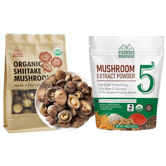 VIGOROUS MOUNTAINS USDA Organic Dried Shiitake Mushrooms and Organic Mushroom Powder