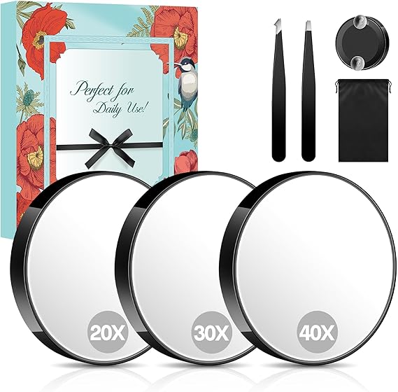 MIYADIVA 20X 30X 40X Magnifying Mirror with Suction Cups, Portable Travel Makeup Mirror for Eyebrow Plucking and Tweezing, Includes 2 Tweezers and Pouch, Compact Beauty Gift
