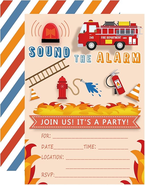 15 Count Fire Truck Party Invitations with Envelopes
