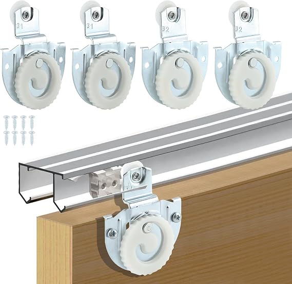 CALIDAKA 4PCS Sliding Wardrobe Door Hardware Roller Kit,Sliding Closet Door Roller,Adjustable Door Hooks with 8 Screws to Allow Wardrobe Cabinet to Slide Smoothly and Quietly