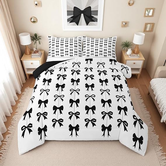Erosebridal Black Bow Full Comforter Set for Girls | Coquette Bow Tie Bedding Set for Kids Women, Black and White Ribbon Bows Quilt, Cute Preppy Bowknot Bedroom Decor, 2 Pillowcases