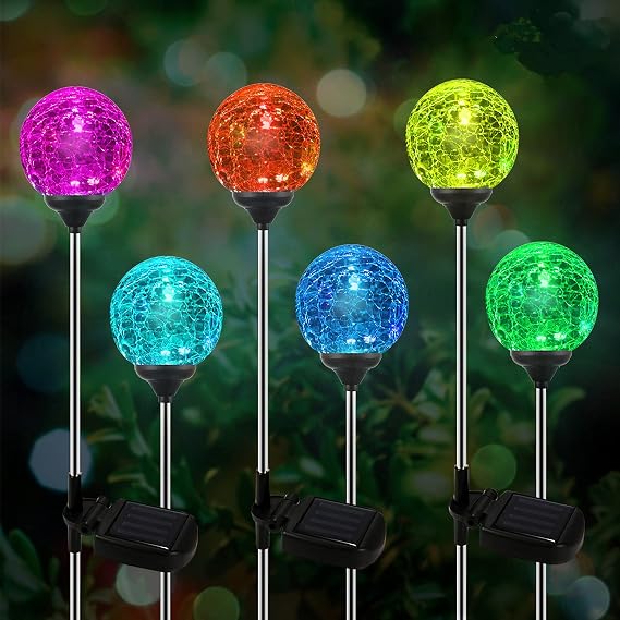 OxyLED Solar Outdoor Lights, 6 Pack Solar Stakes Crystal Cracked Glass LED Garden Globe Light Outdoor Waterproof, Color-Changing Auto On/Off, Pathway Lights for Landscape Patio Yard Decorations